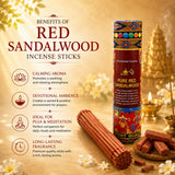 Benefits of Leela Pure Red Sandalwood Incense Sticks for calming aroma, devotional ambience, long lasting fragrance and ideal for both puja & meditation
