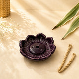 Leela Purple lotus-shaped ceramic incense burner with holes for stick and rope incense.