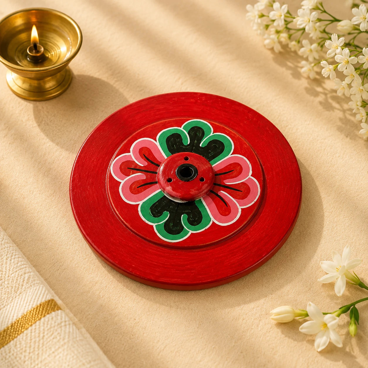 Leela Red Hand-Painted Floral Wooden Incense Holder for incense sticks during puja and meditation