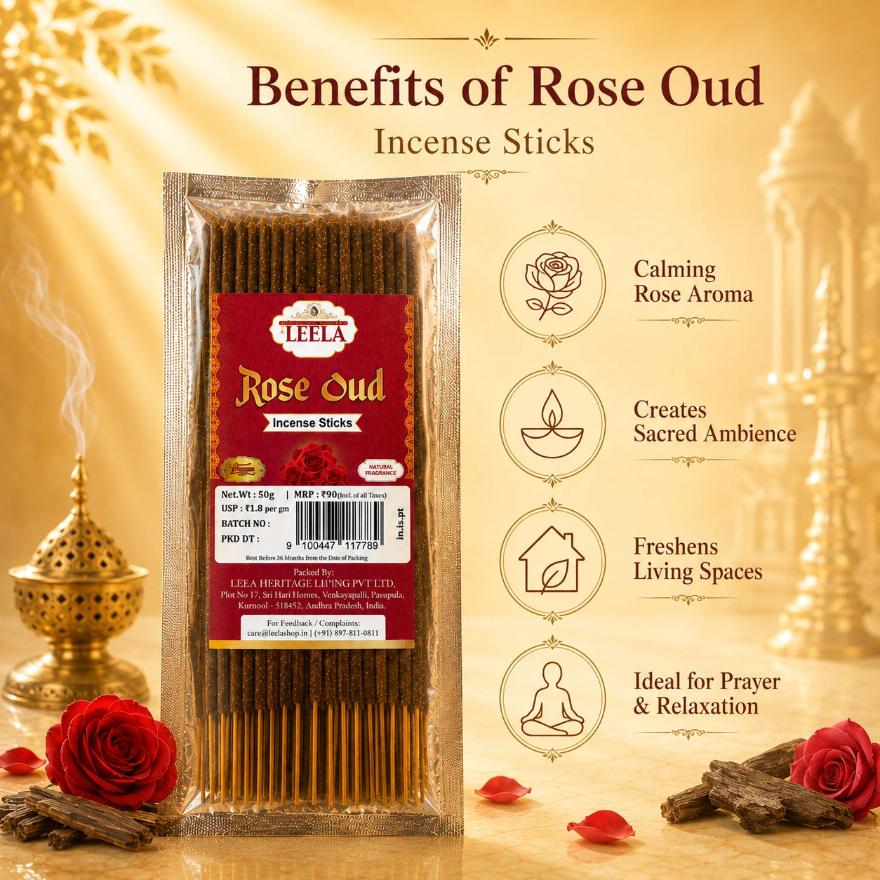Benefits of Leela Rose Oud incense sticks for calming aroma, sacred ambience, fresh spaces and relaxation