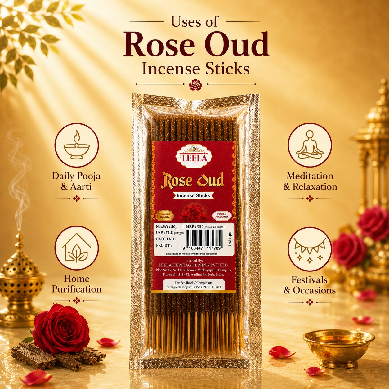 Uses of Leela Rose Oud incense sticks for puja, meditation, home fragrance and festive occasions