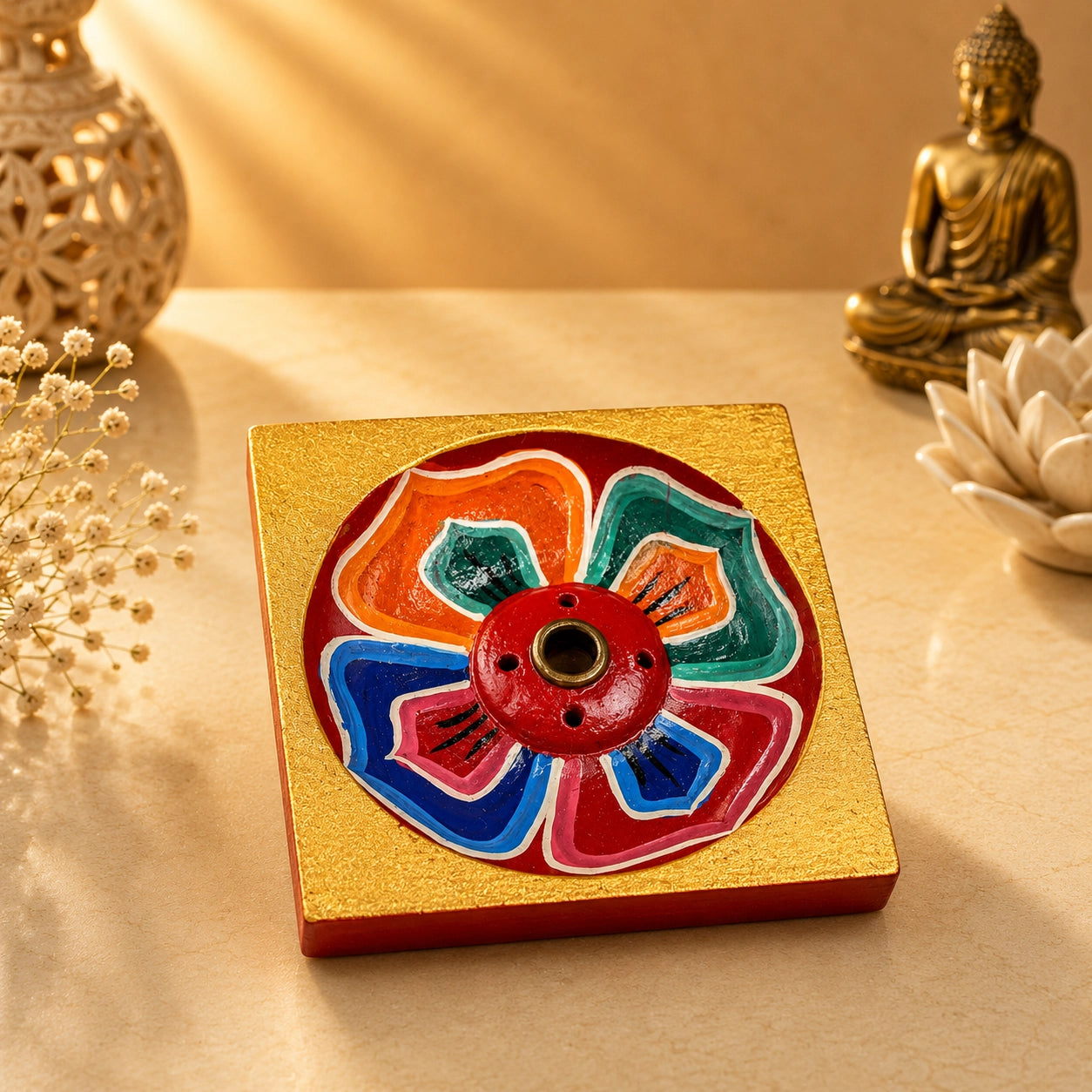 Leela square wooden Tibetan incense holder with a colourful hand-painted lotus design and central incense-stick holder.