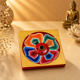 Leela square wooden Tibetan incense holder with a colourful hand-painted lotus design and central incense-stick holder.