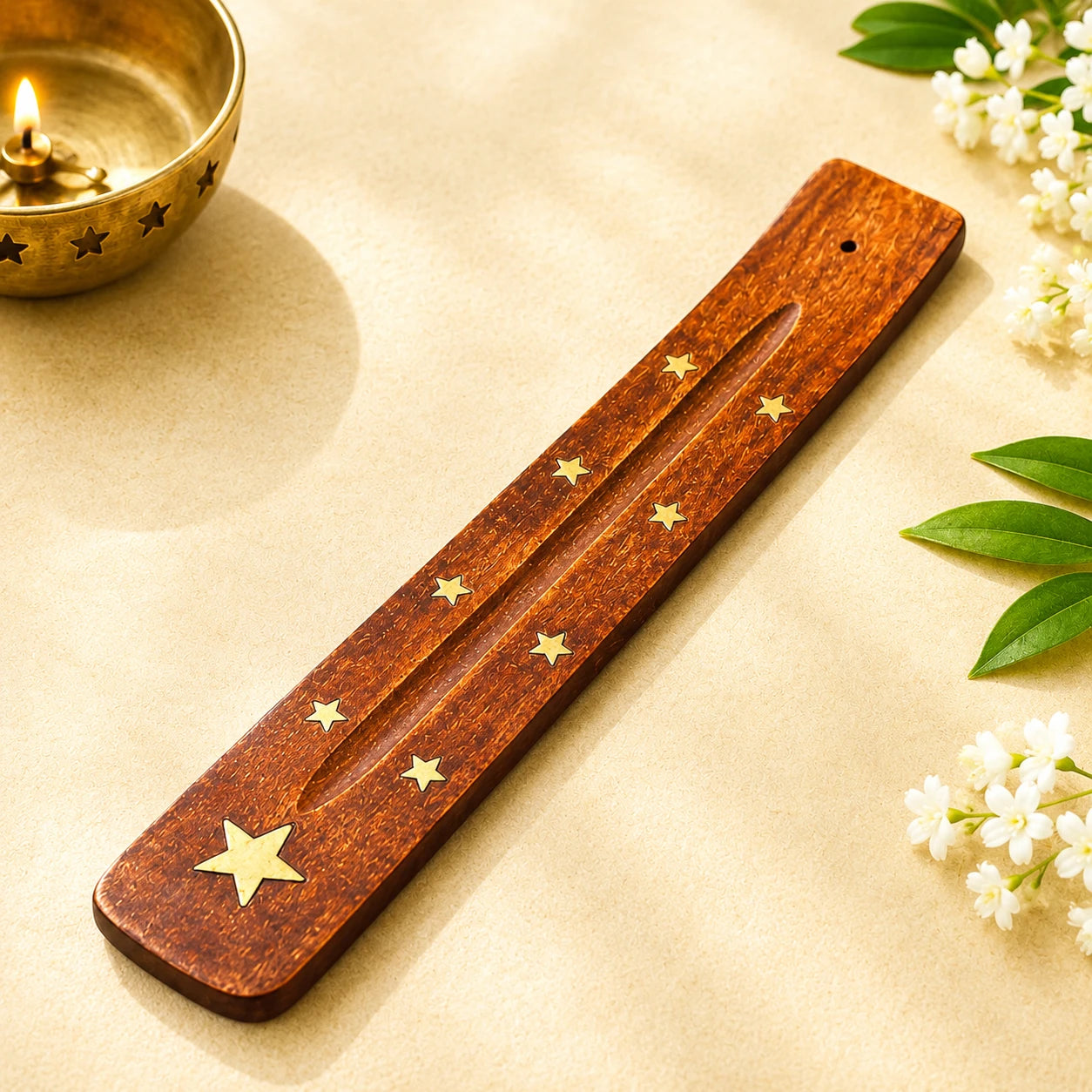 Leela Wooden Incense Stick Holder with star brass inlay and an ash-catching groove