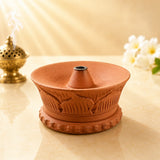 Leela terracotta Gompa incense burner featuring hand-carved leaf patterns and a raised central incense-stick holder.