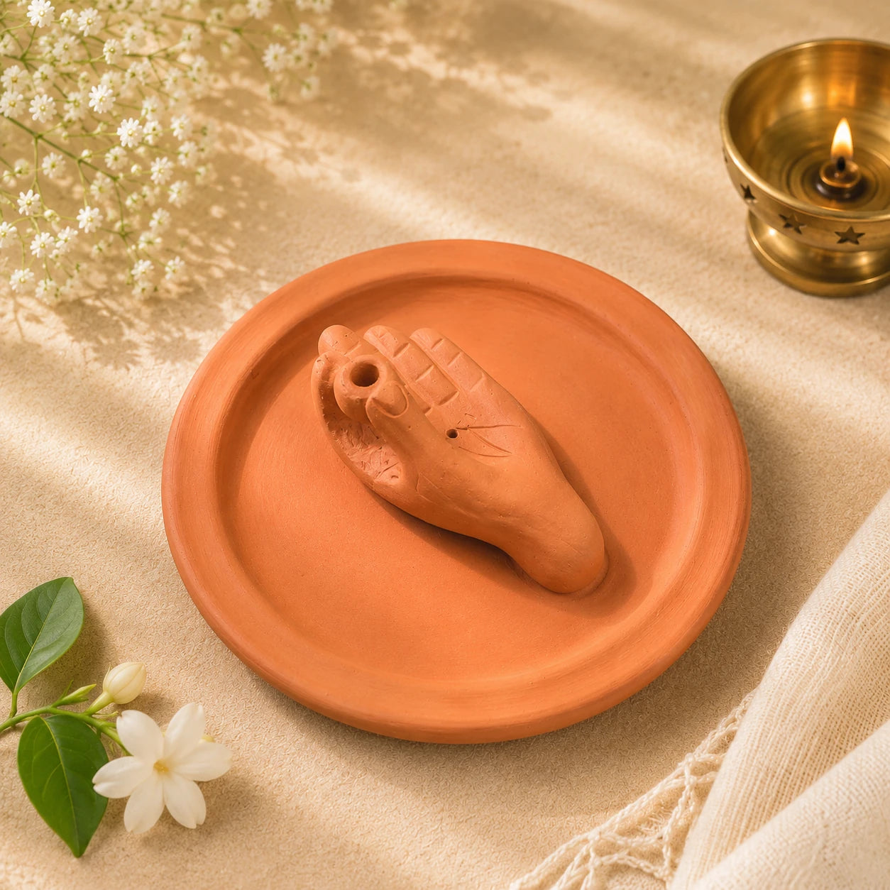 Leela Terracotta Hand-Shaped Incense Holder with a matching round plate for incense sticks
