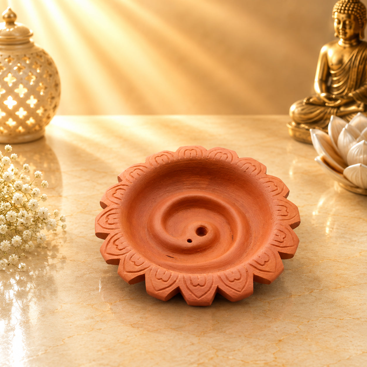 Leela terracotta clay rope incense burner with a spiral channel and carved lotus-petal rim.