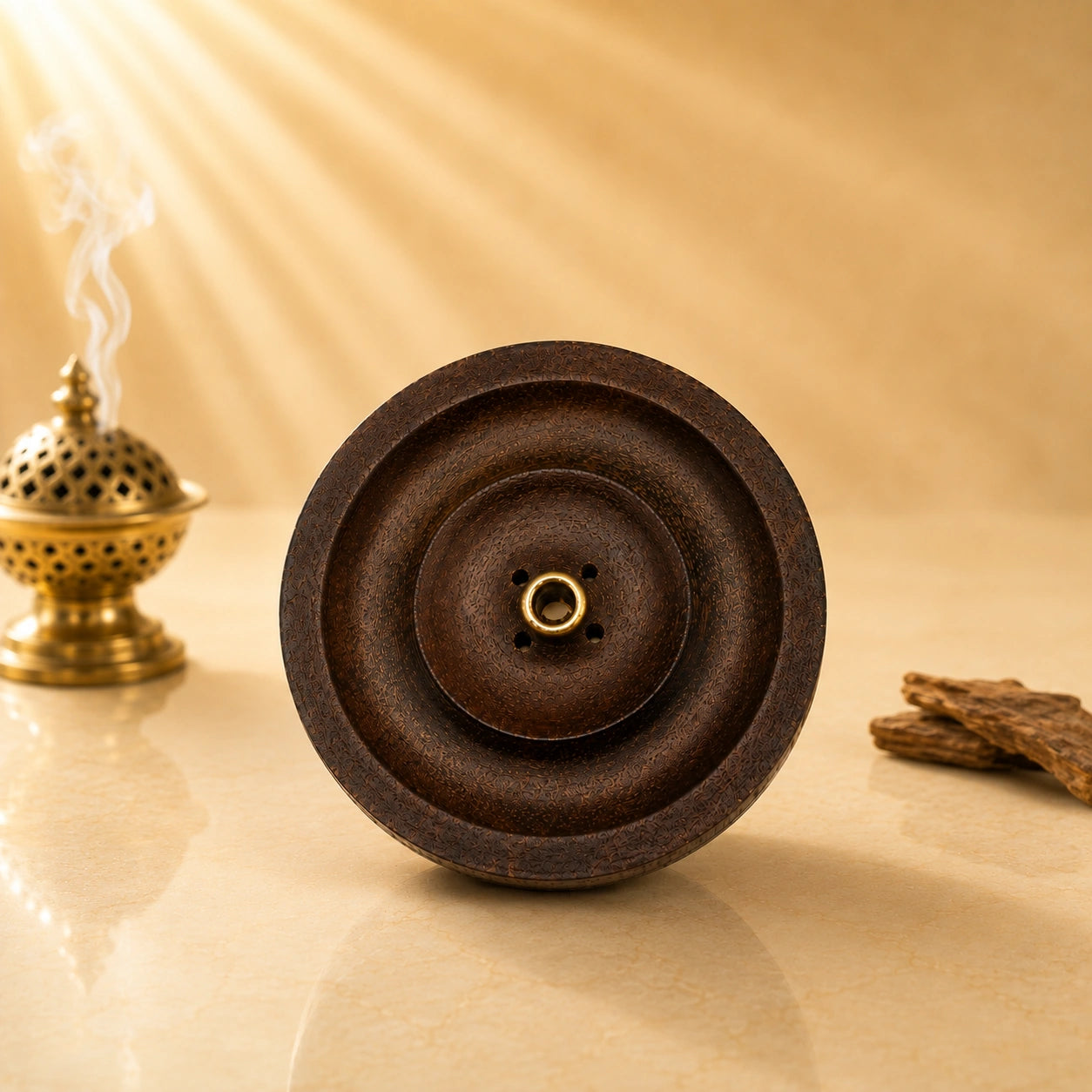 Leela Tibetan dark wooden incense burner featuring concentric circular grooves, a central brass holder and four incense-stick holes.