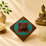 Leela square wooden Tibetan incense burner with turquoise inlay, a red-and-blue lotus design, and a central incense-stick holder