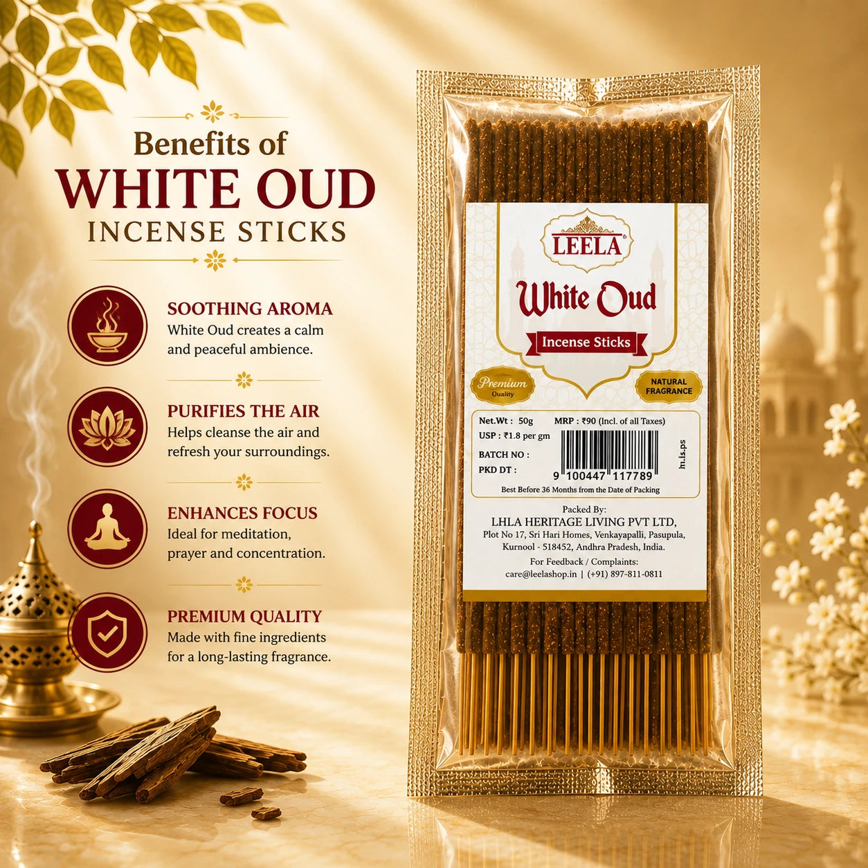 Benefits of Leela White Oud incense sticks for meditation, fresh ambience and lasting oud fragrance