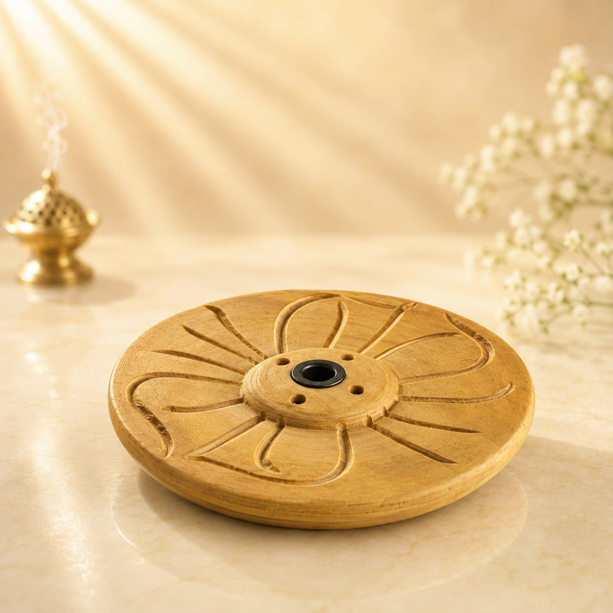 Leela round wooden incense burner featuring a carved flower design, central brass holder and four incense-stick holes.