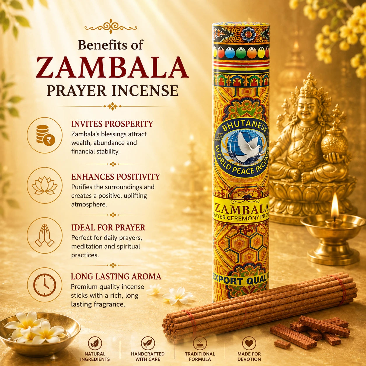 Benefits of Leela Zambala Prayer Butanese World Peace Incense Sticks for   invites prosperty, enhances positivity, long lasting aroma and ideal for prayers