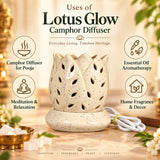 Benefits of Leela Lotus Glow Ceramic Electric Camphor Diffuser for flameless fragrance, gentle heating and puja ambience