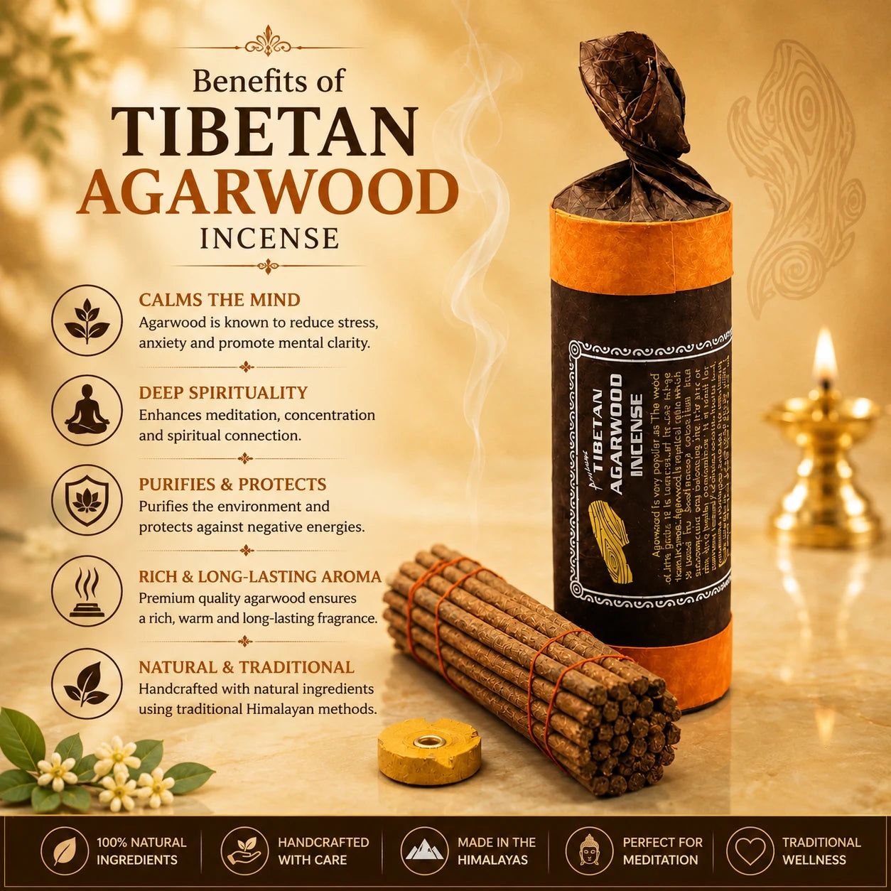 Benefits of Tibetan agarwood incense for meditation, calming ambience and long-lasting fragranc