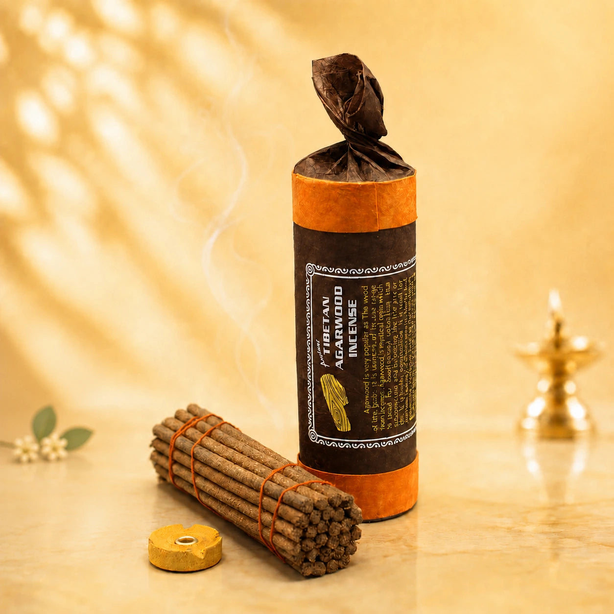 Tibetan agarwood incense in traditional handmade packaging with natural incense sticks