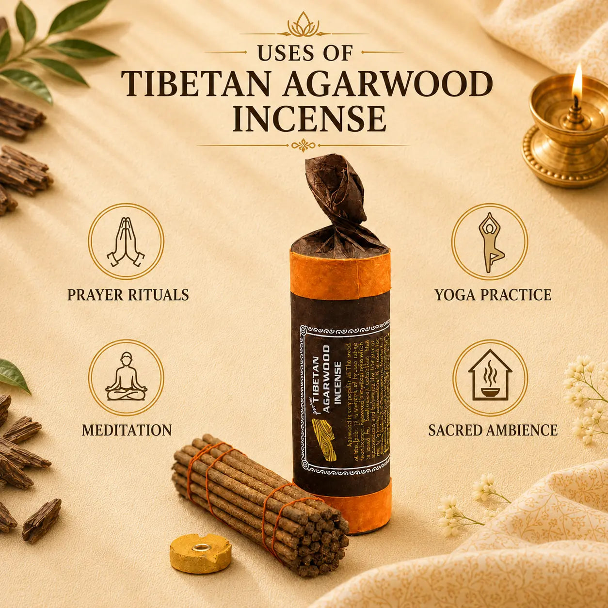 Uses of Tibetan agarwood incense for prayer, mindful practice, meditation and sacred ambience