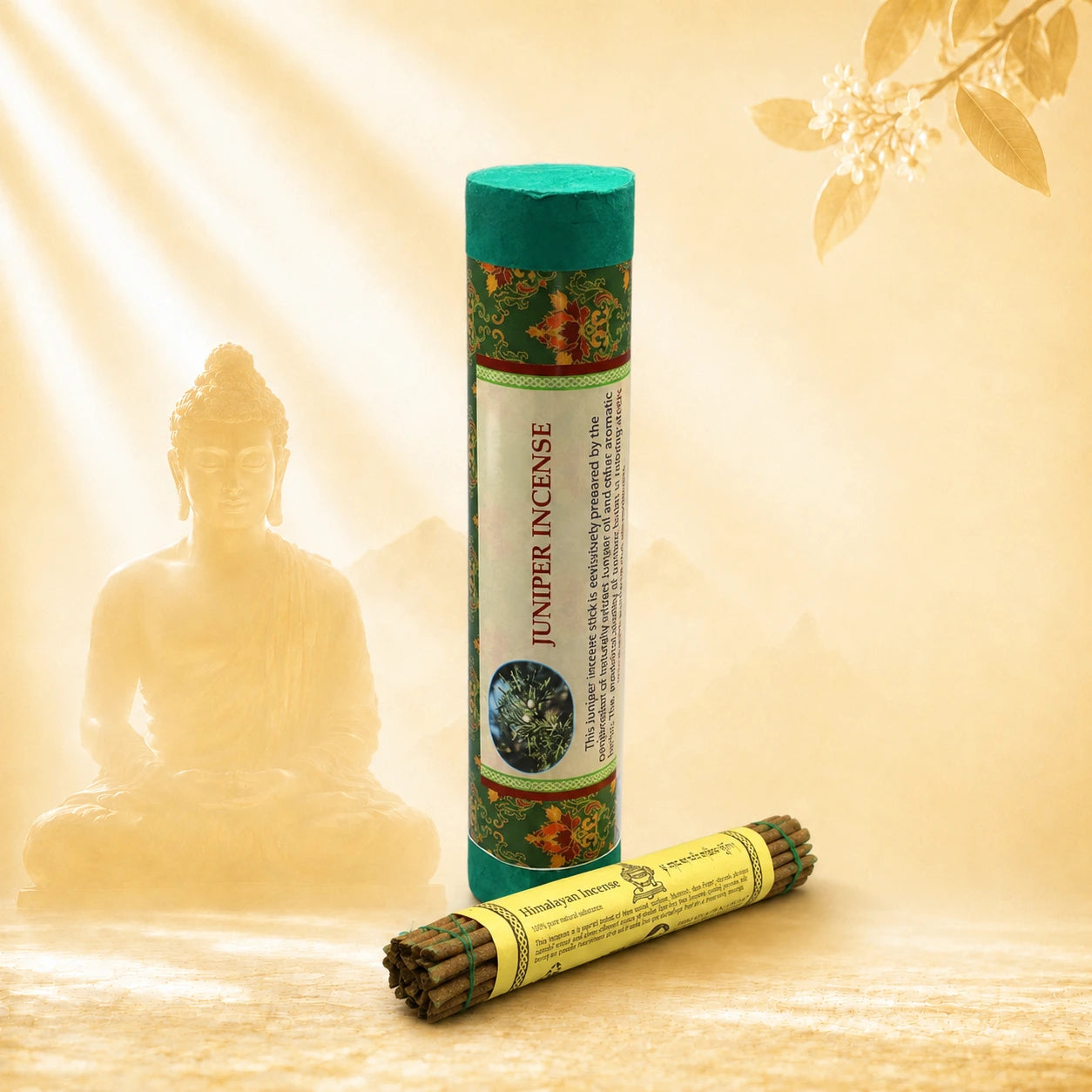 Tibetan juniper incense tube with traditional incense sticks in a peaceful meditation setting