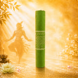 Traditional Tibetan Holy Basil incense in green handmade packaging with a peaceful devotional background